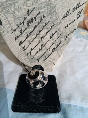 Black Enamel Dome Ring with Crystal Accents Silvertone